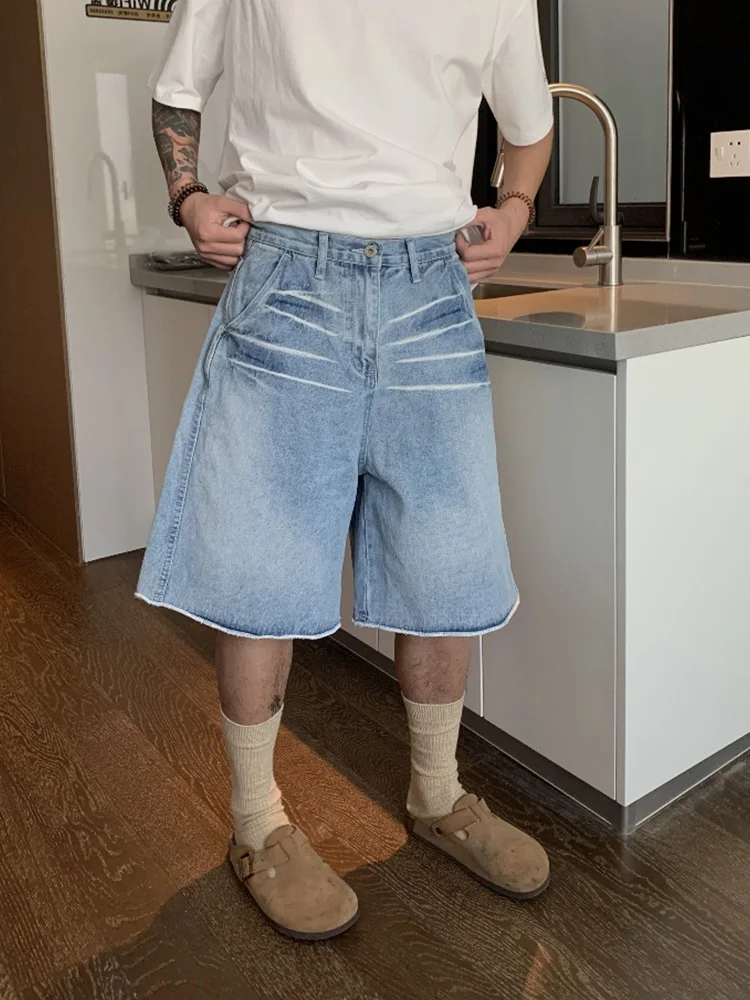 

Retro American Design Washed Blue Jeans Men's Loose Straight Leg Wide Pants Five-Quarter Length Casual Summer Shorts