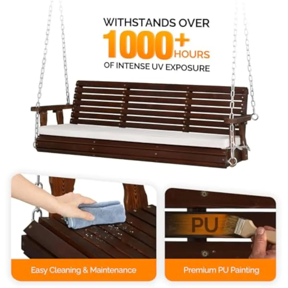 5 Foot Rustic Pine Porch Swing Bench with Ergonomic Contoured Seat and Included Cushion Designed for Comfort Stability and 880 L