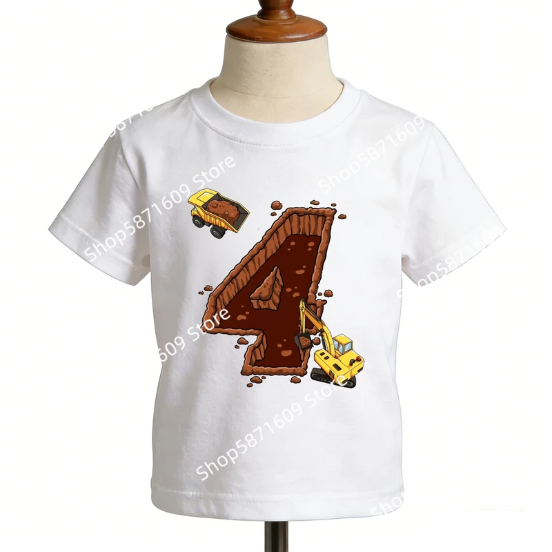 Children's excavator engineering vehicle T-shirt, boys' safety helmet size 2-6 printed short sleeved T-shirt