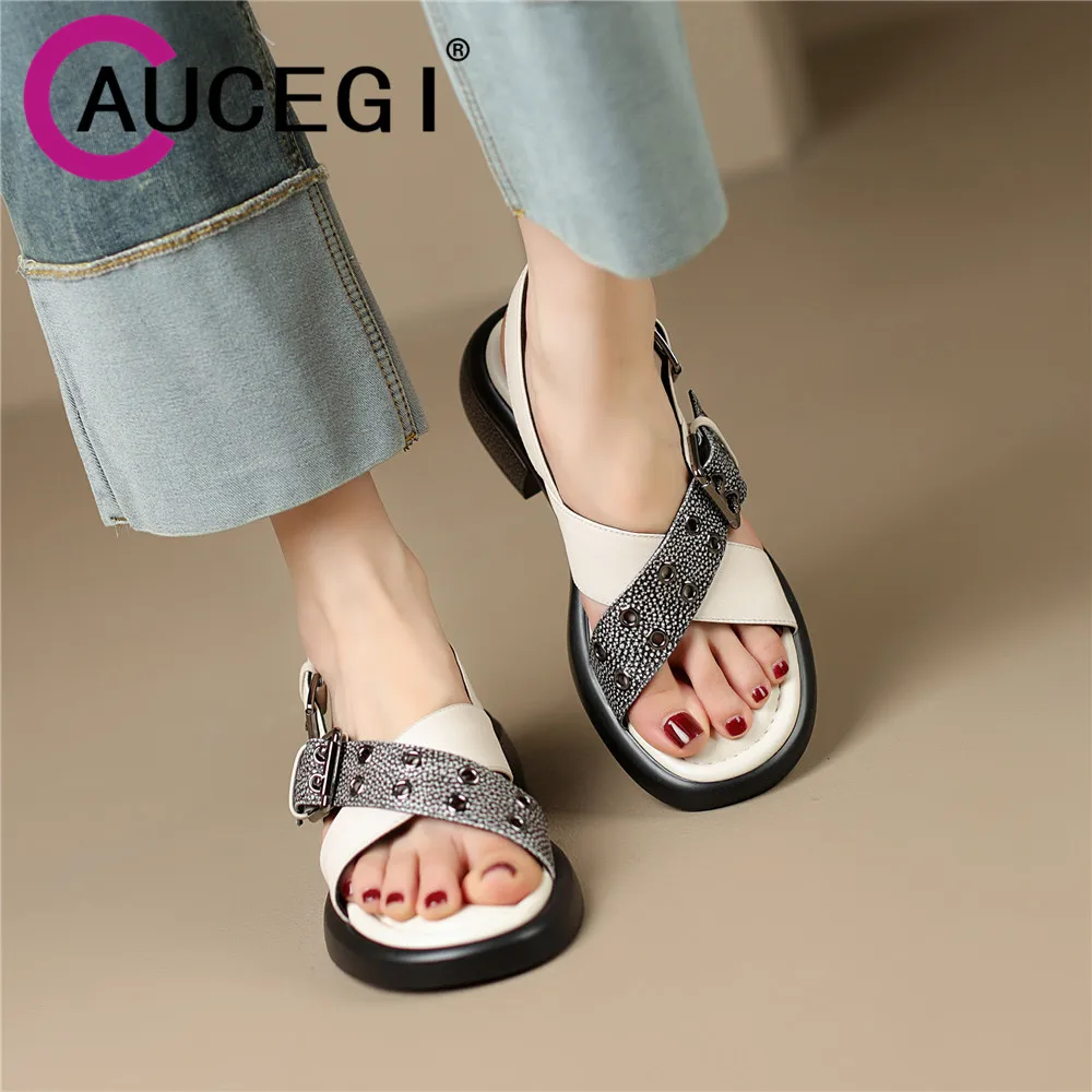 

Aucegi New Trend Genuine Leather Buckle Cross Straps Sandals Women Summer Round Open Toe 2024 Comfy Thick Bottom Leisure Shoes