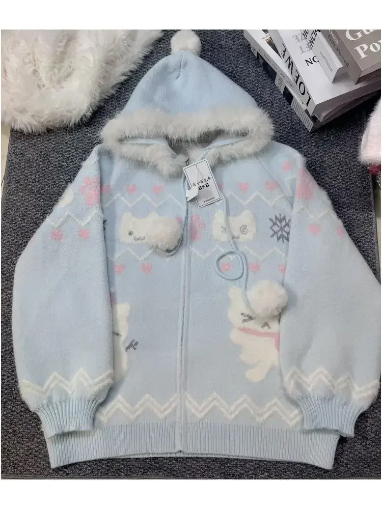 Korean Sueter Mujer Hooded Cardigan Jackets For Women 2026 Autumn Winter Clothing Pull Femme Cute Cartoon Knitting Sweater Tops