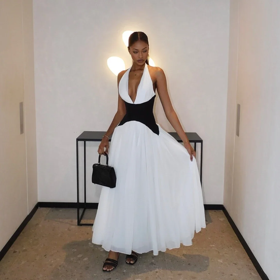 

Summer White Backless Maxi Dress Women Fashion Patchwork Sleeveless Sexy Party Dress Long Halter Club Vestidos 2025 New