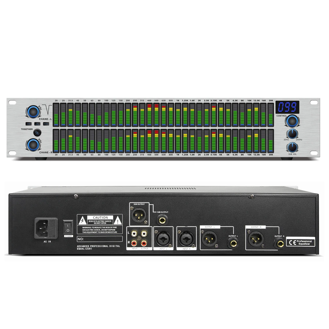 Professional 2U EQ Digital Equalizer Stereo Dual Graphics Spectrum Display 31-band Equalizer