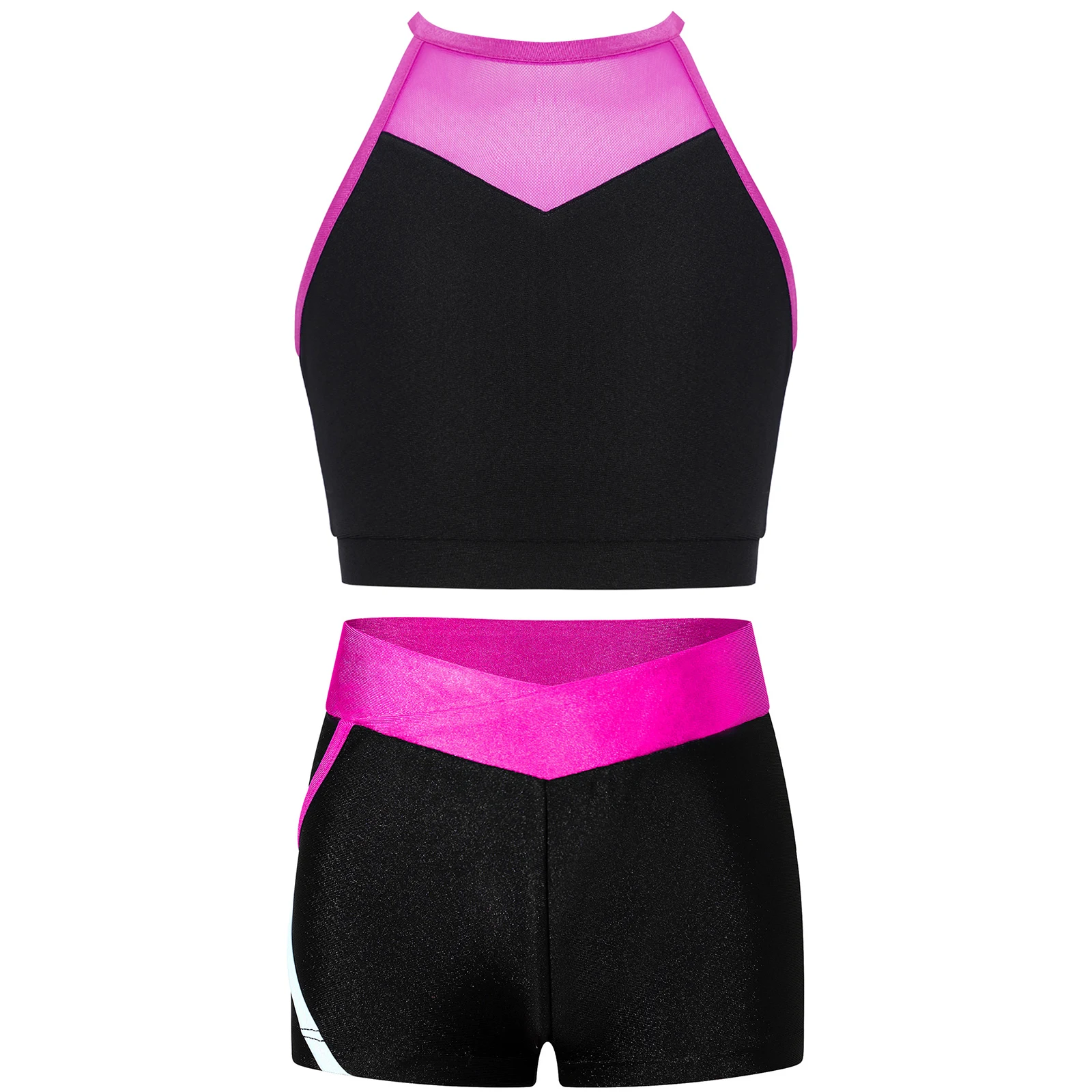 

Kids Girls Jazz Modern Dance Outfit Set Sheer Mesh Patchwork Cutout Back Gymnastic Crop Top with Shorts for Yoga Workout Fitness