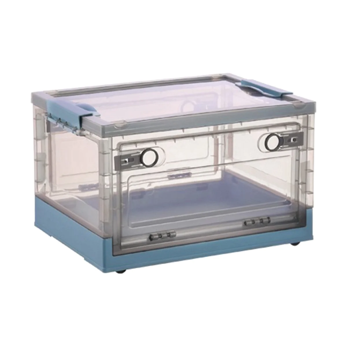 Collapsible Storage Bins with Double Side Doors , Clear Storage Boxes with Lid , Organization Box with Wheels Blue