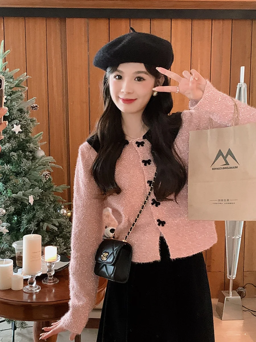 

Anli 2023 Winter Velvet Color Blo Knot Loose Long Sve Open Cardigan Sweet Sle round Ne Sweater for Girls