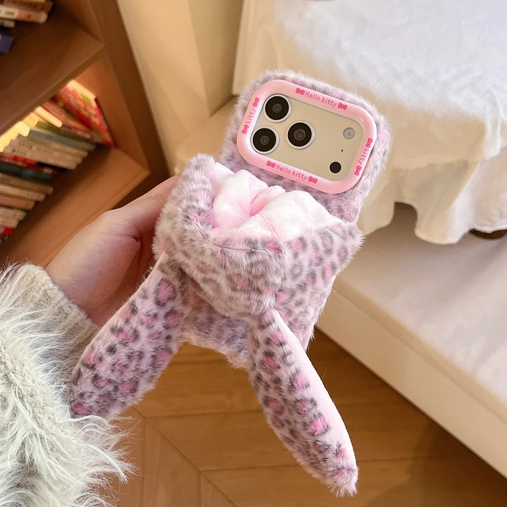 3D Hasen Softcase für iPhone 13 14 15 Plus 16 17 Pro Max Lustige Winter Warme Künstliche Leoparden-Mütze Kaninchenfell Stoßfeste Hülle – Detail 2
