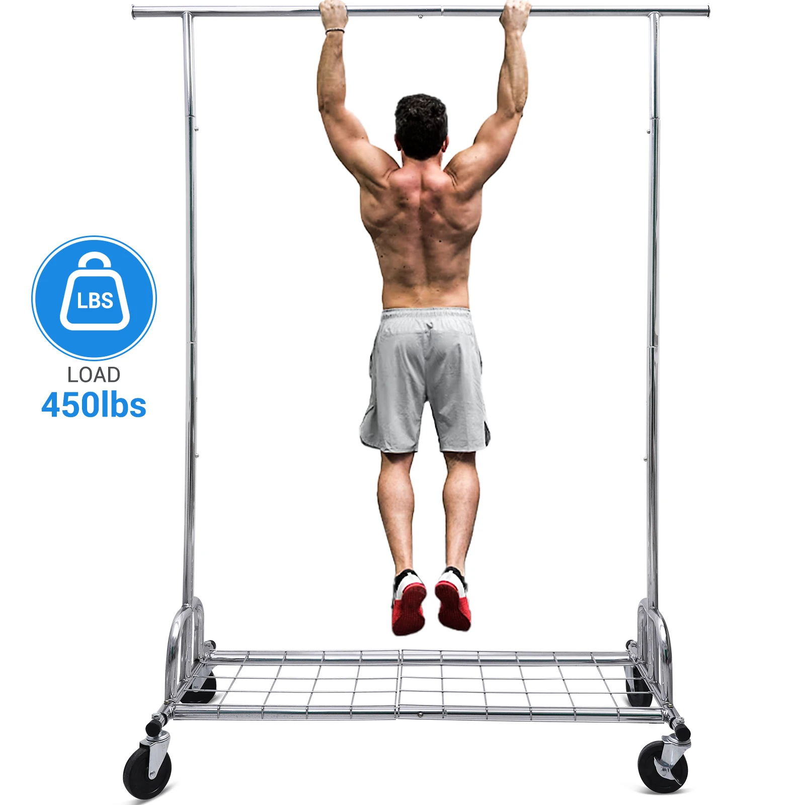 Garment Rack Clothes Adjustable Rolling Clothing Rack Stand Metal Closet Rod Heavy Duty 450LBS with Shelves Wheels