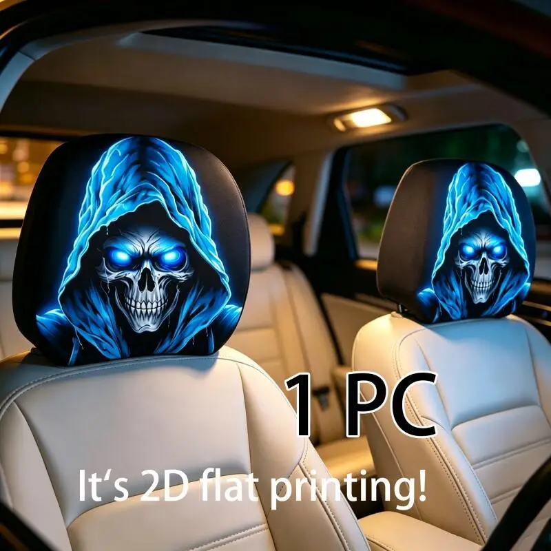 1Pc Blue Grim Reaper Skull Car Headrest Cover, Soft High Elastic 2D Flat Printed Universal Auto Interior Headrest Protector