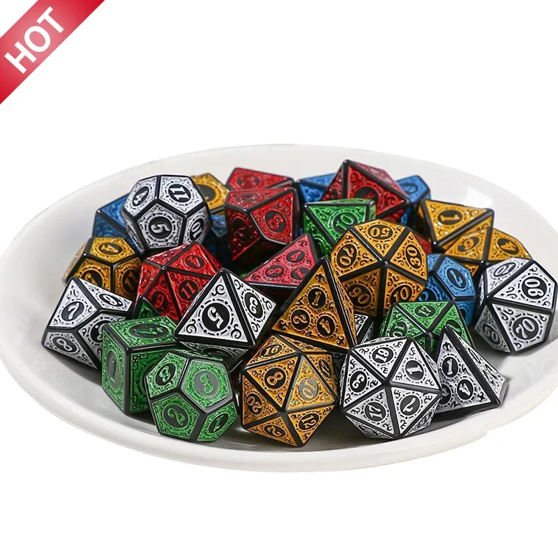 7 Pcs Polyhedral Carved Pattern Dice Set D4 D6 D8 D10 D% D12 D20 For Game gambling set dadi d&d purple dice set 12 sided dice