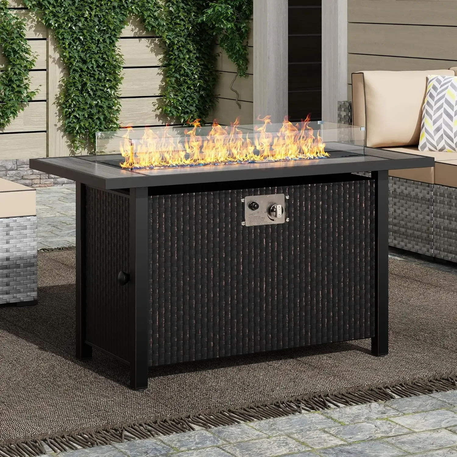 

45" Propane Fire Pit, Outdoor Fire Pit Tables Tabletop with Lid and Blue Fire Glass, 50000 BTU Glass Wind Guard and Tables，Gray