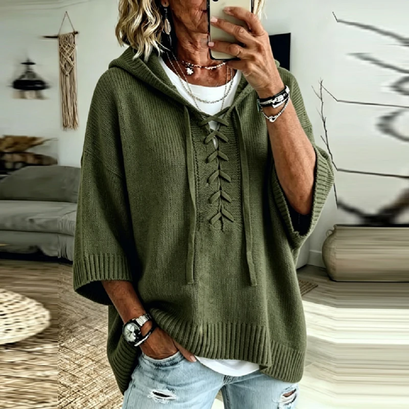 Fashion Hoodies Sweater Women Casual Loose 3/4 Sleeve Drawstring Sweaters For Women Autumn Winter Jumper Pullover