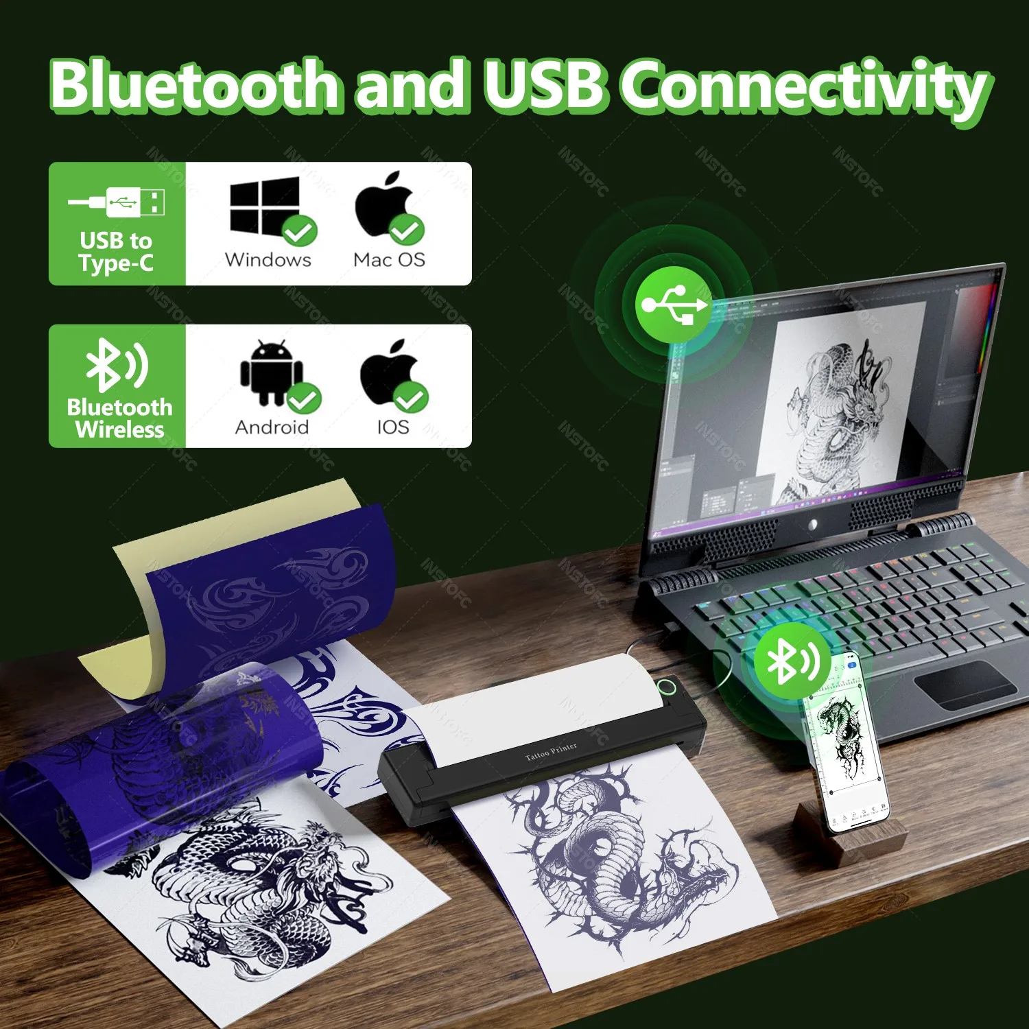 Wireless Bluetooth Built-in Battery A4 Tattoo Template Transfer Machine Portable ​Thermal Template Printer Thermal Copier Papers