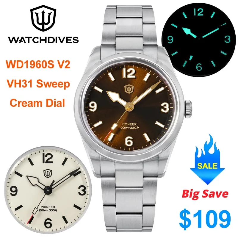 Watchdives WD1960S V2 Quartz Watch Sapphire Crystal Luminous 36L Stainless Steel 100m Waterproof VH31 Movement Vintage Watches