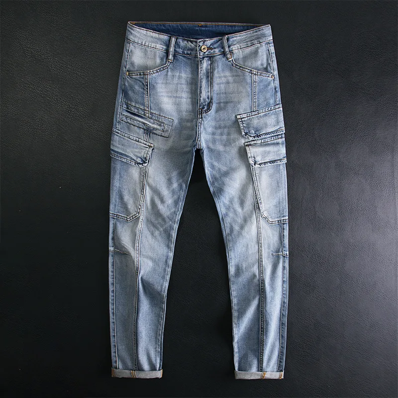 

High end multi pocket workwear jeans, men's trendy brand, cool and stylish personality, light blue slim fit small leg pants
