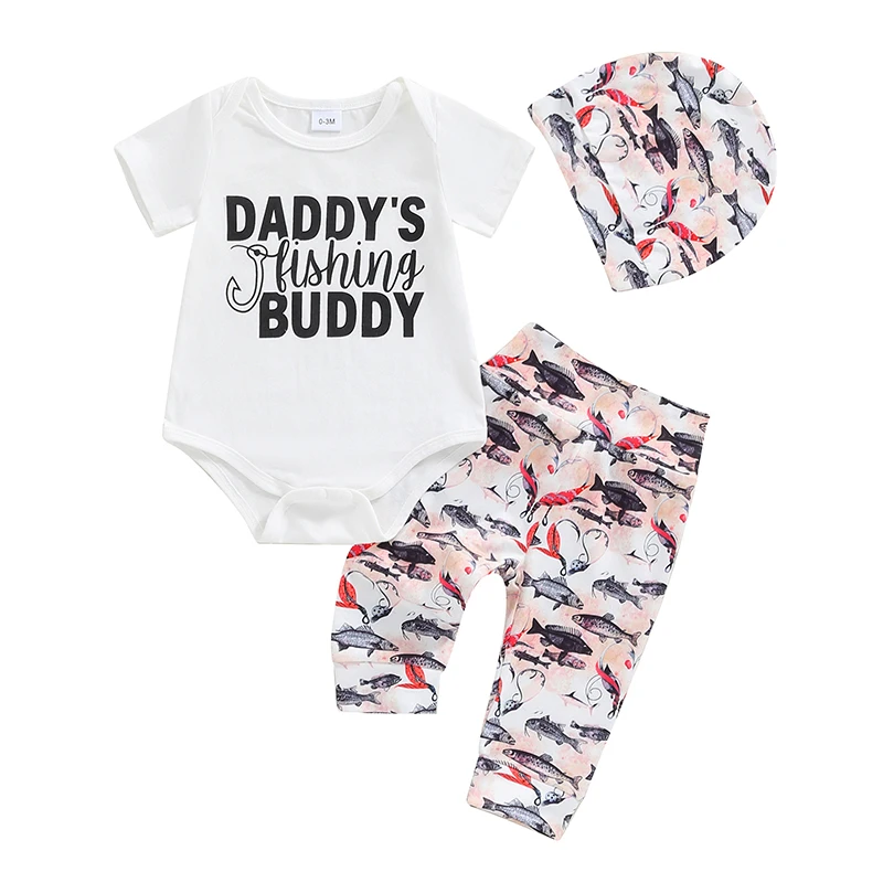 

3-Piece Baby Set Letter Print Short Sleeve Romper Fish Print Long Trousers Headpiece Outfits