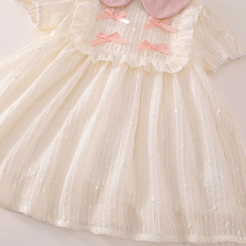 2025 New Summer Toddler Girl Dresses Korean Fashion Cute Bow Doll Collar Short Sleeve Mesh Baby Princess Dress Kids Clothes B054
