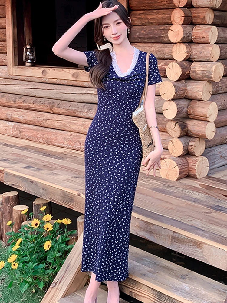 Robe longue en dentelle plissée, motif Floral, Chic, col en v, élégante, décontractée, vacances, été, coréenne, moulante, Festival, 2025
