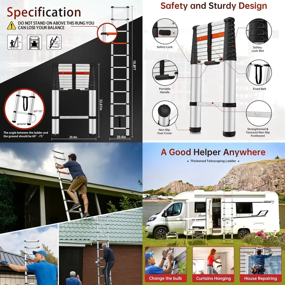 10,8-Fuß-Teleskopleiter aus Aluminium mit einem Knopf und Absenkautomatik, rutschfesten Füßen für den Einsatz zu Hause, im Freien, Wohnmobil, 250-Pfund-Last