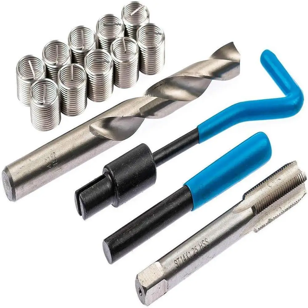 

Набор для ремонта метрической резьбы M8 x 1,25 с 10 стальными вставками, профессиональный набор инструментов для повторной резьбы для ремонта автомобилей, механический ремонт, серебро