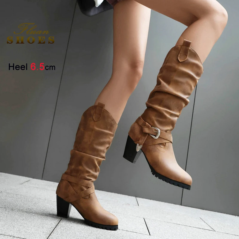 가을 겨울 6.5cm 하이힐 롱부츠 패션 여성 구두 가죽 버클 굵은 굽 나이트 부츠 솔리드 컬러 롱부츠