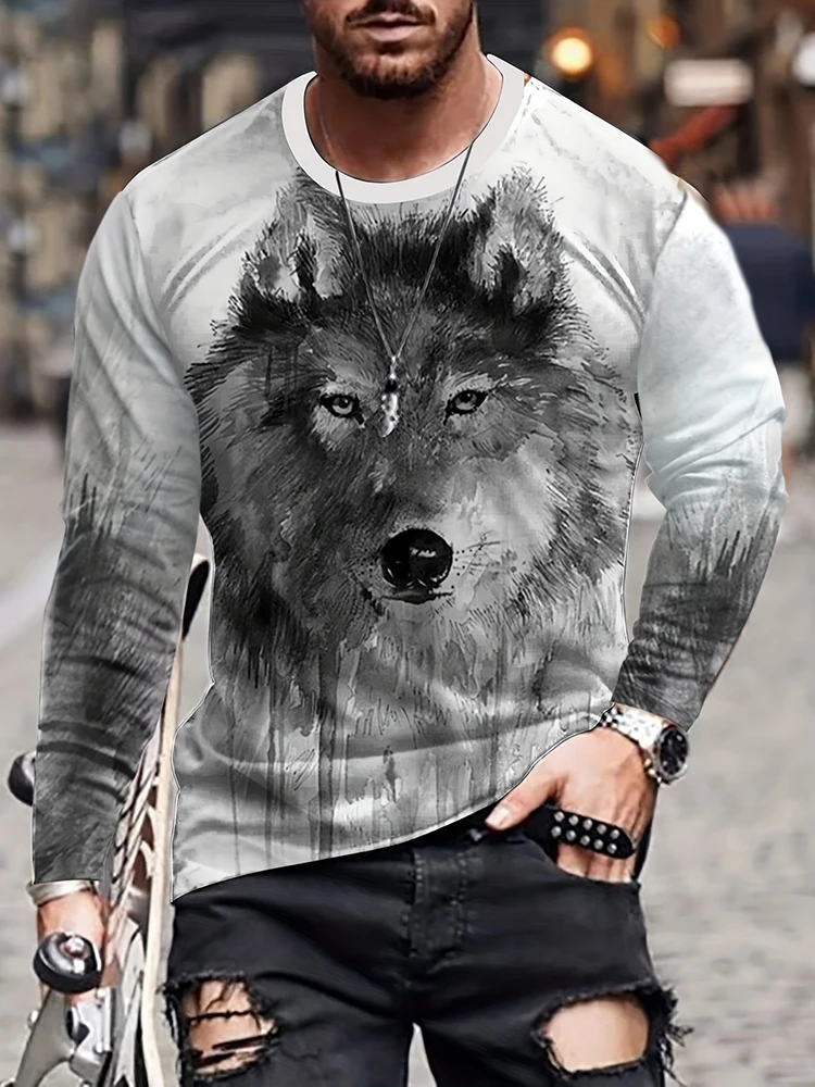 Vintage Printed T Shirt 3D Coyote T Shirt American Long Sleeve Round Neck Cotton Tribal Top Oversized Men's Fall Clothing