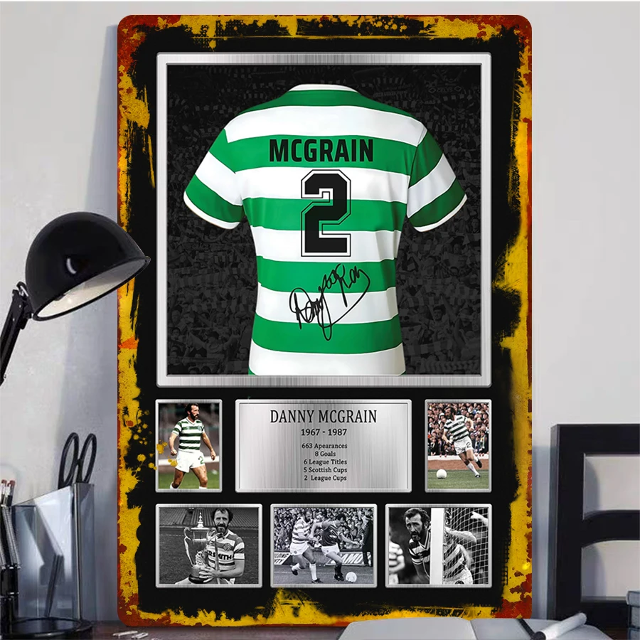 Danny McGrain Autographed Celtic FC Retro Jersey Metal Poster with Career Stats and Action Photos