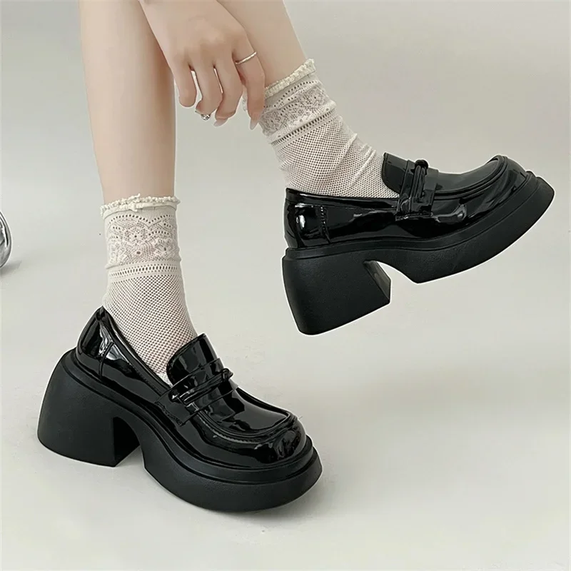 

7CM Chunky Heel Heightened Thick Bottom Loafers British College Style Student High Heels Fashion Platform Leather Shoes