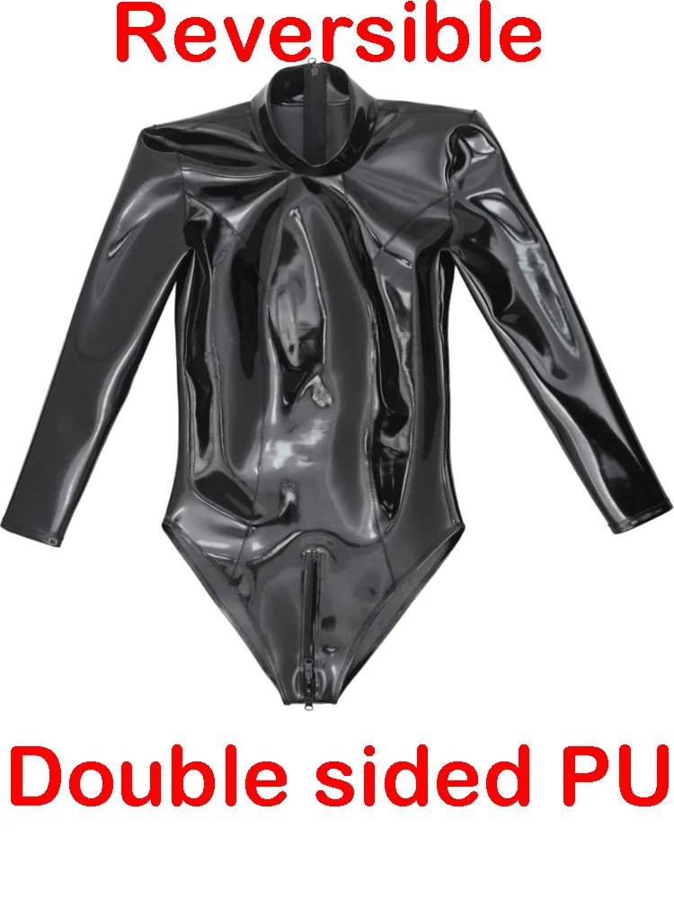 Plus Women PU Bodysuit Shiny Matt Double Sided PU Leather Zipper Crotch Wet Look PVC Catsuit Tights Cosplay Teddies Leotard