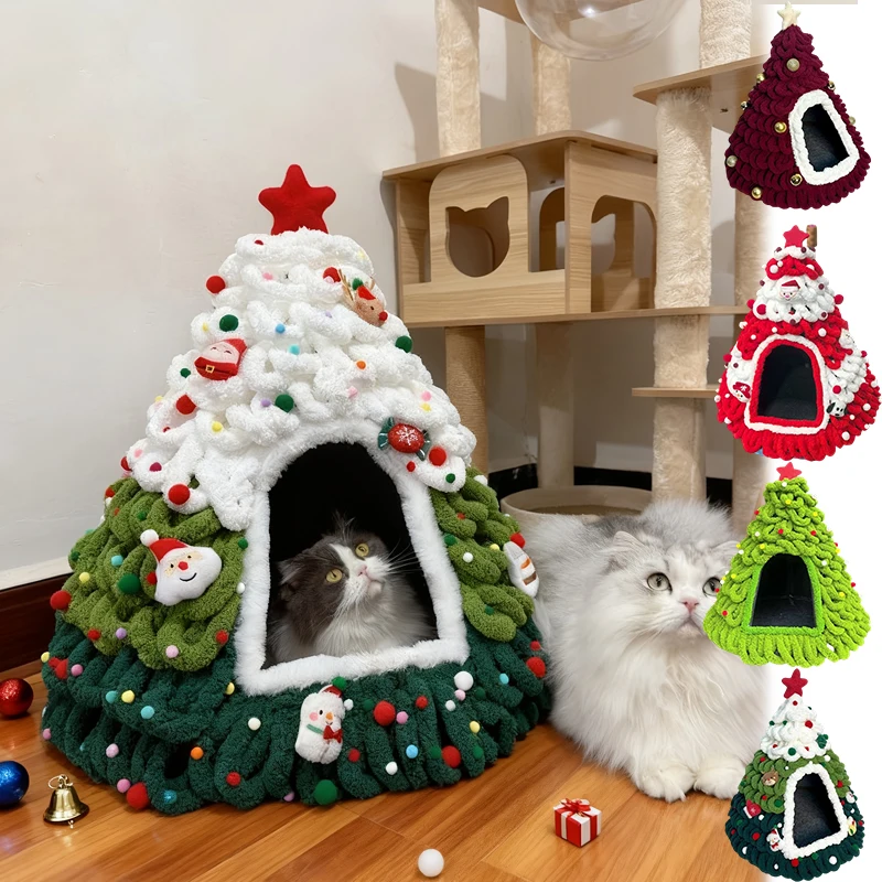 

Handmade Christmas Tree House, Winter Warmth Indoor Bed with Random Decorations - No Included -Perfect Gift for S and Small Dogs