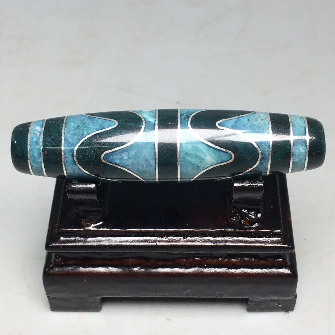 Tibetan Cinnabar Old Agate DZi Inlaid Silver Wire Tiger Teeth Bead Amulet S0414