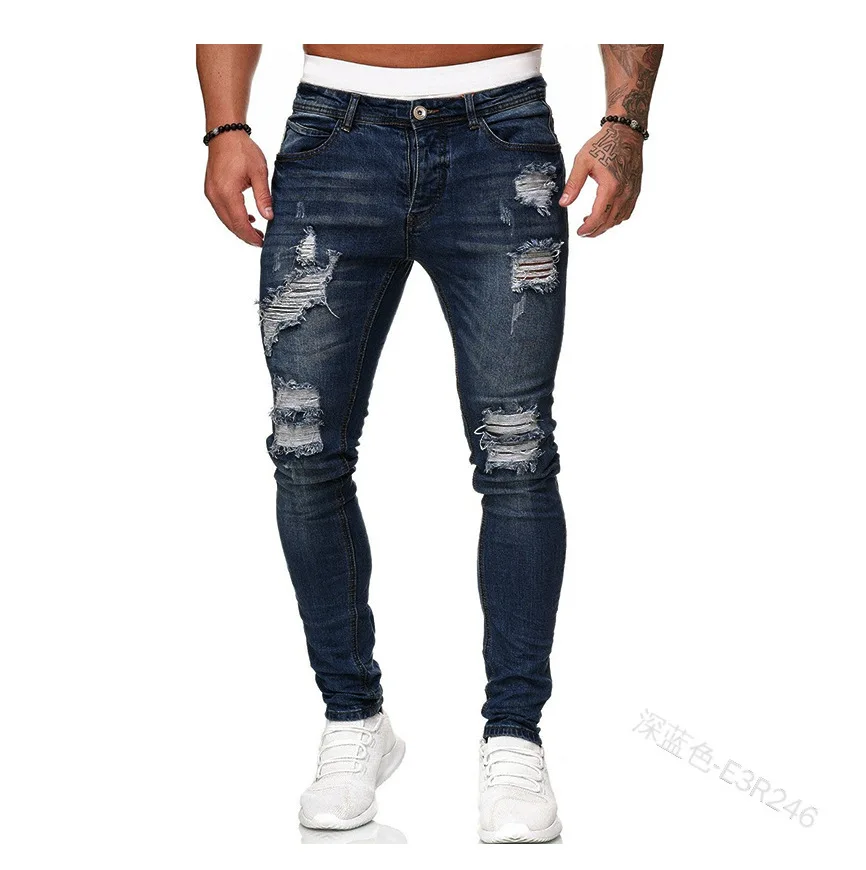 Ripped Mid Waist Slim Fit Men Jeans Vintage Denim Wash Solid Punk Style Skinny Pencil Pants Distressed Holes Ankle Length