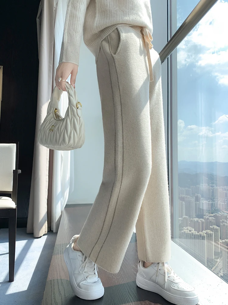 

Women 100% Merino Wool Knitted Straight Leg Side Striped Pants Autumn Winter Basic Soft Warm Knit Trousers Casual Simple Style