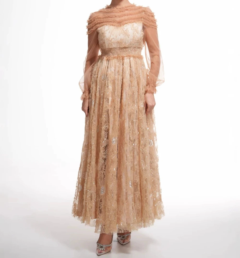 

French sweet lace dress, heavy craft sequined long dress, khaki flower long sleeves, high waist and high evening dress-GZMM490
