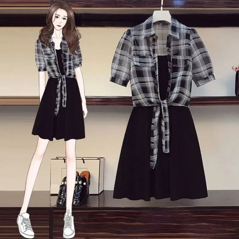 

Women's Summer Tops Mini Dress outfits New Korean Fashionable Slim Black Suspender Dress Plaid Sunscreen Shirt Two Piece Set