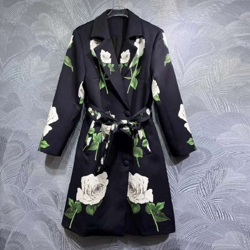 High Quality New Long Coat 2024 Autumn Winter Trench Lady Elegant Floral Print Adjustable Belt Long Sleeve Black Coat Outerwear