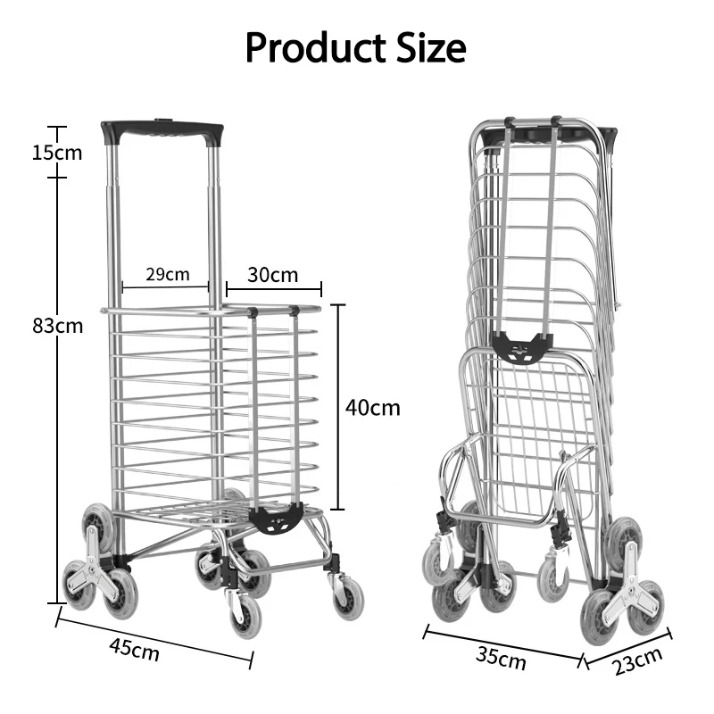 Grocery Cart Folding Portable Shopping Aluminum Alloy Lightweight Step Climbing Trolley with Telescopic Rod 35L Big Capacity