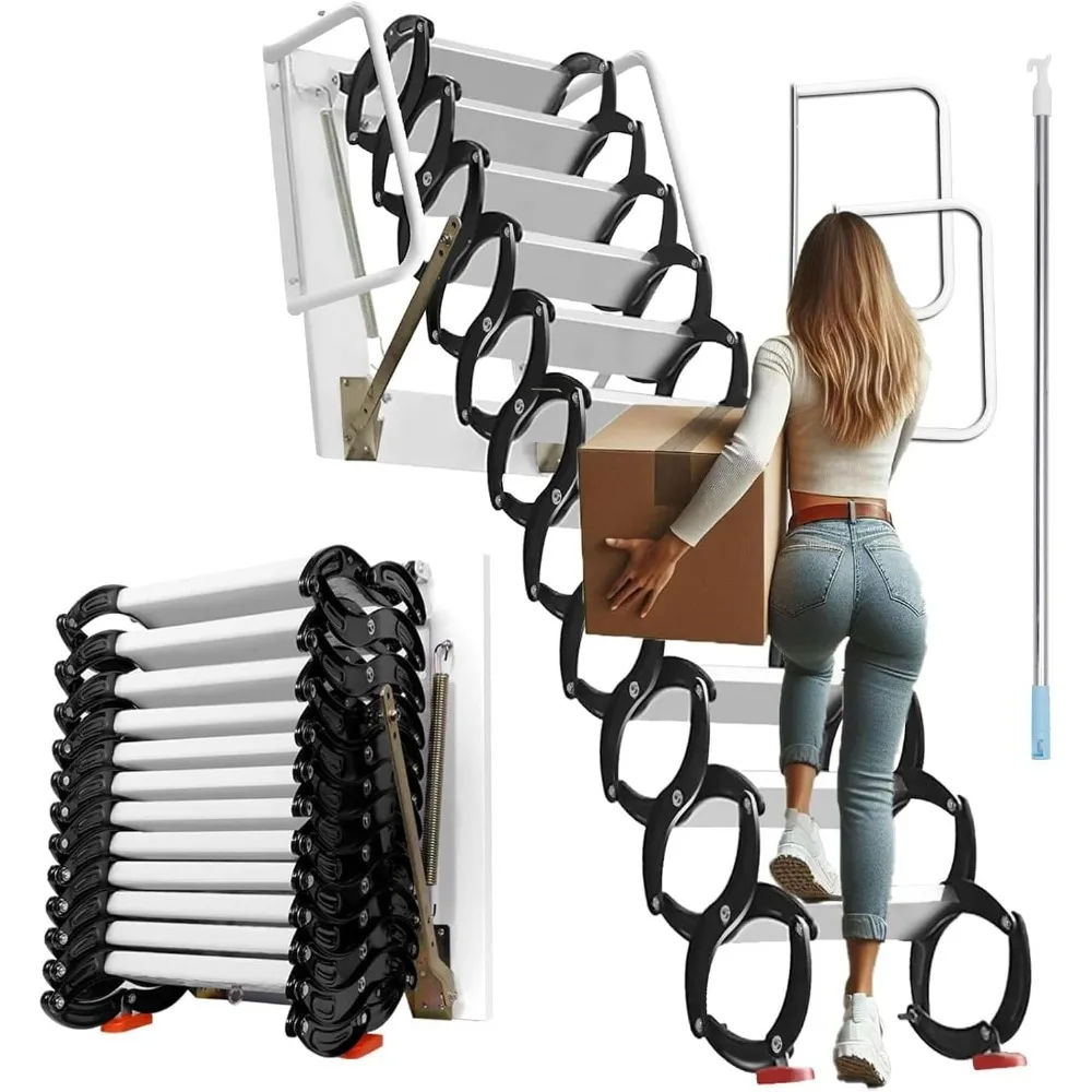 Escalera para ático montada en la pared de 12 escalones con pasamanos, sistema extraíble de 880 lb de capacidad – Escaleras para ático resistentes