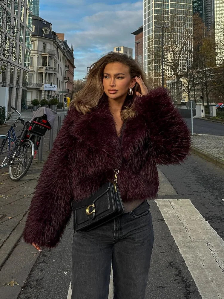 Women Elegant Wine Red Fluffy Faux Fur Short Coats Fashion Lapel Long Sleeves Cropped Jacket Autumn Winter Lady Street Outwears