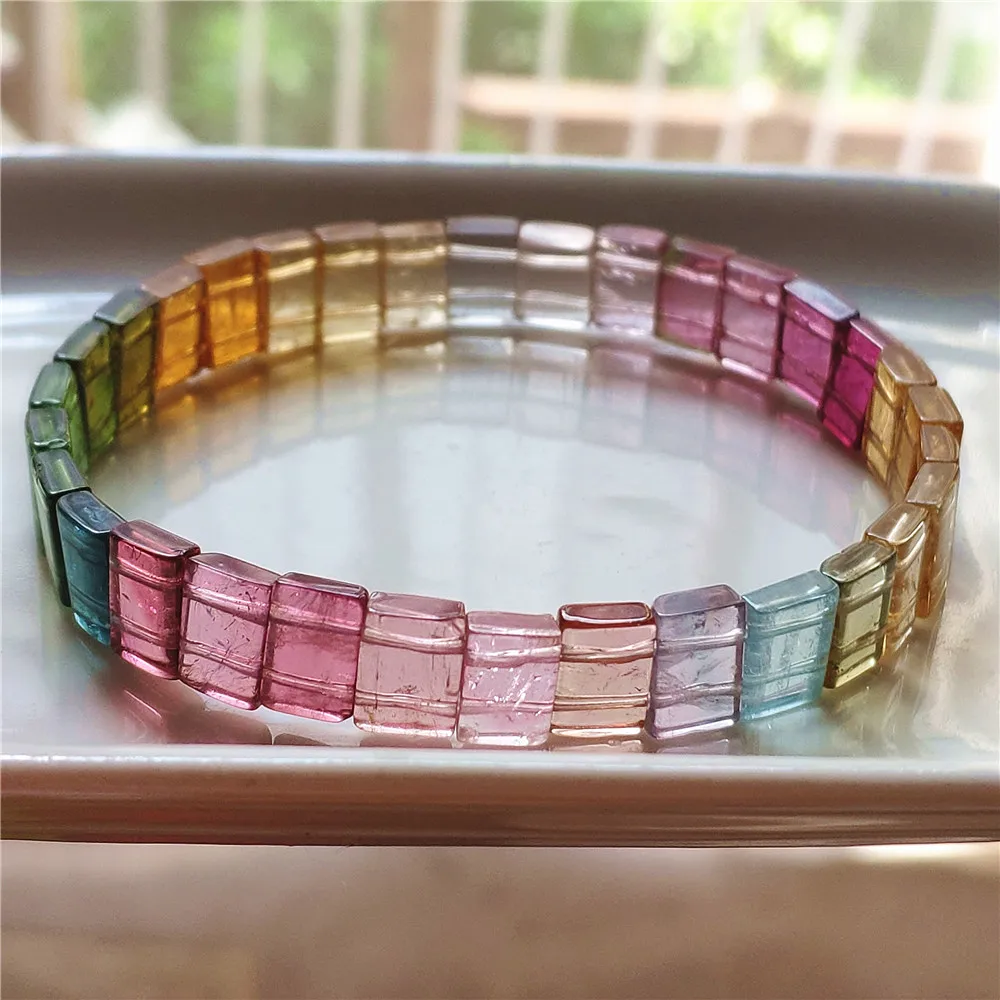 Natural Colorful Red Tourmaline Clear Rectangle Beads Bracelet Red Blue Tourmaline 9x4mm Brazil Women Men Jewelry AAAAAAA