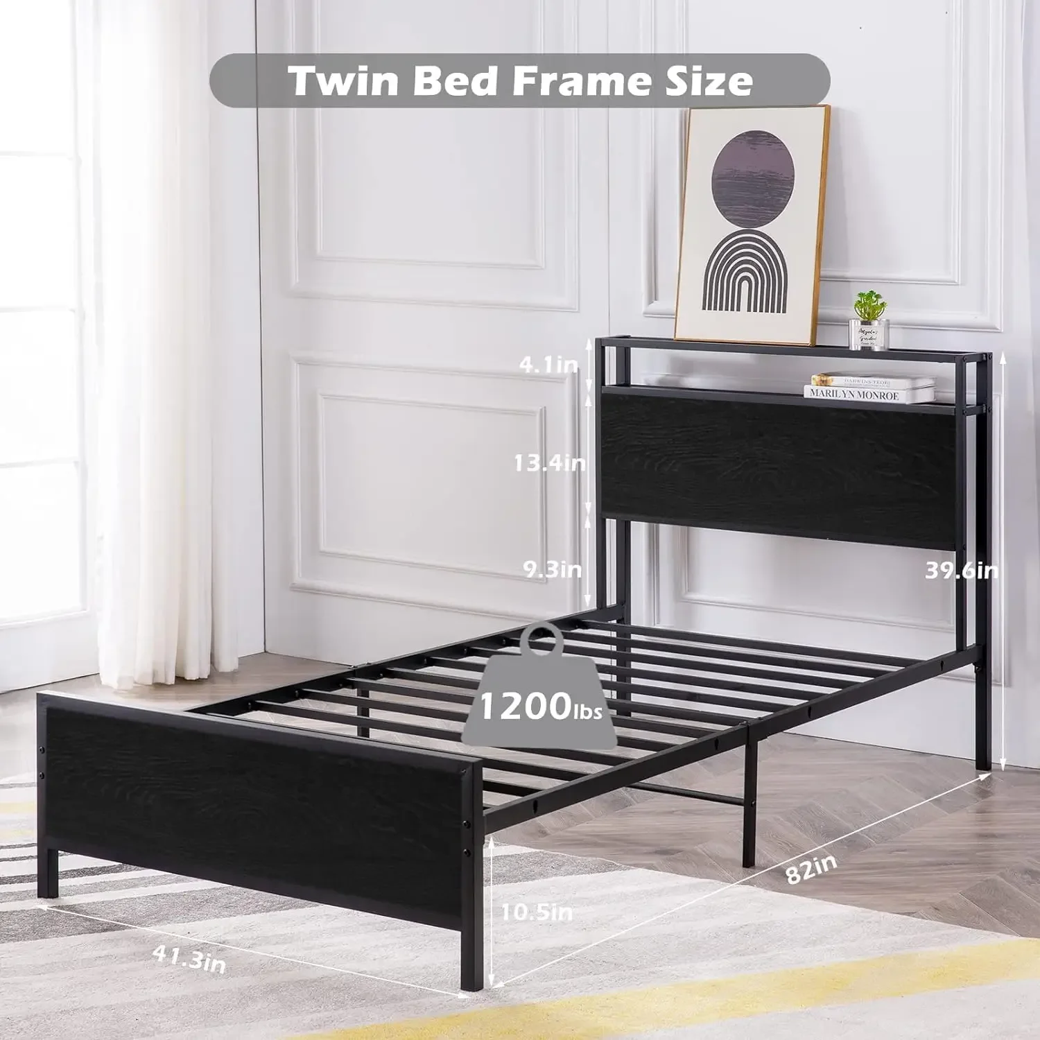 Twin Bed Frame, Platform Bed with 2-Tier Storage Headboard, Solid and Stable, Noise Free, No Box Spring Needed, Easy