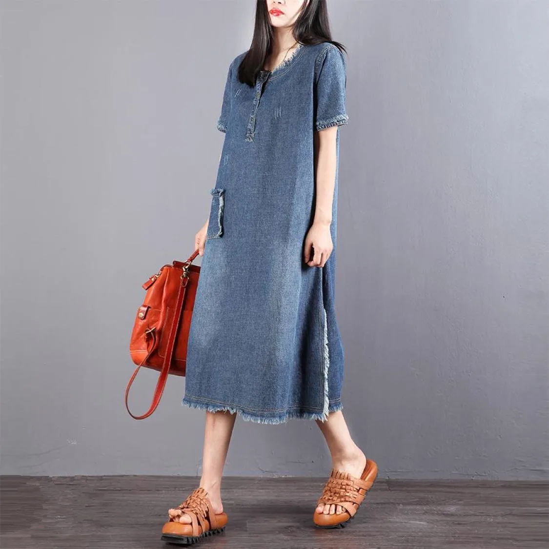 2023 Summer Women\'s Casual O Neck Short Sleeve Jean Dresses Female Pullover Denim Loose Mid Calf Dress