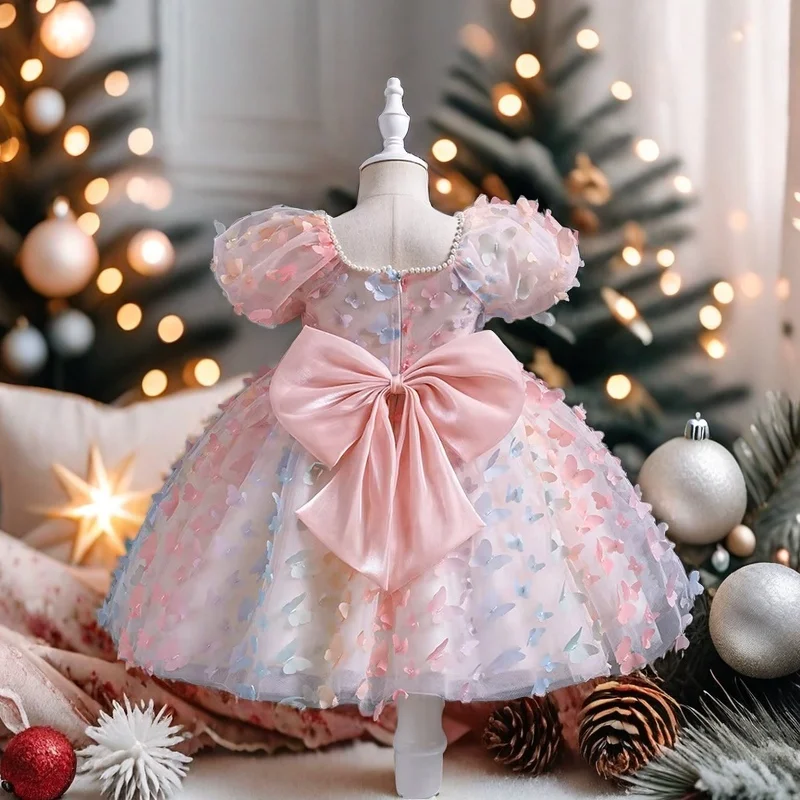 Party Dress for Girls New Fashion Wedding Birthday Prom Gown Tutu Dress Elegant Tulle Butterfly Princess Bow Dress Vestidos
