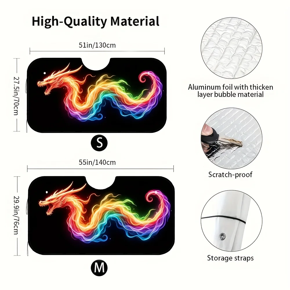1pc Rainbow Dragon Fire Smoke Art Car Visor Sunshade - UV Protection, Heat Reduction & Stylish Dashboard Decor With Suction Cup