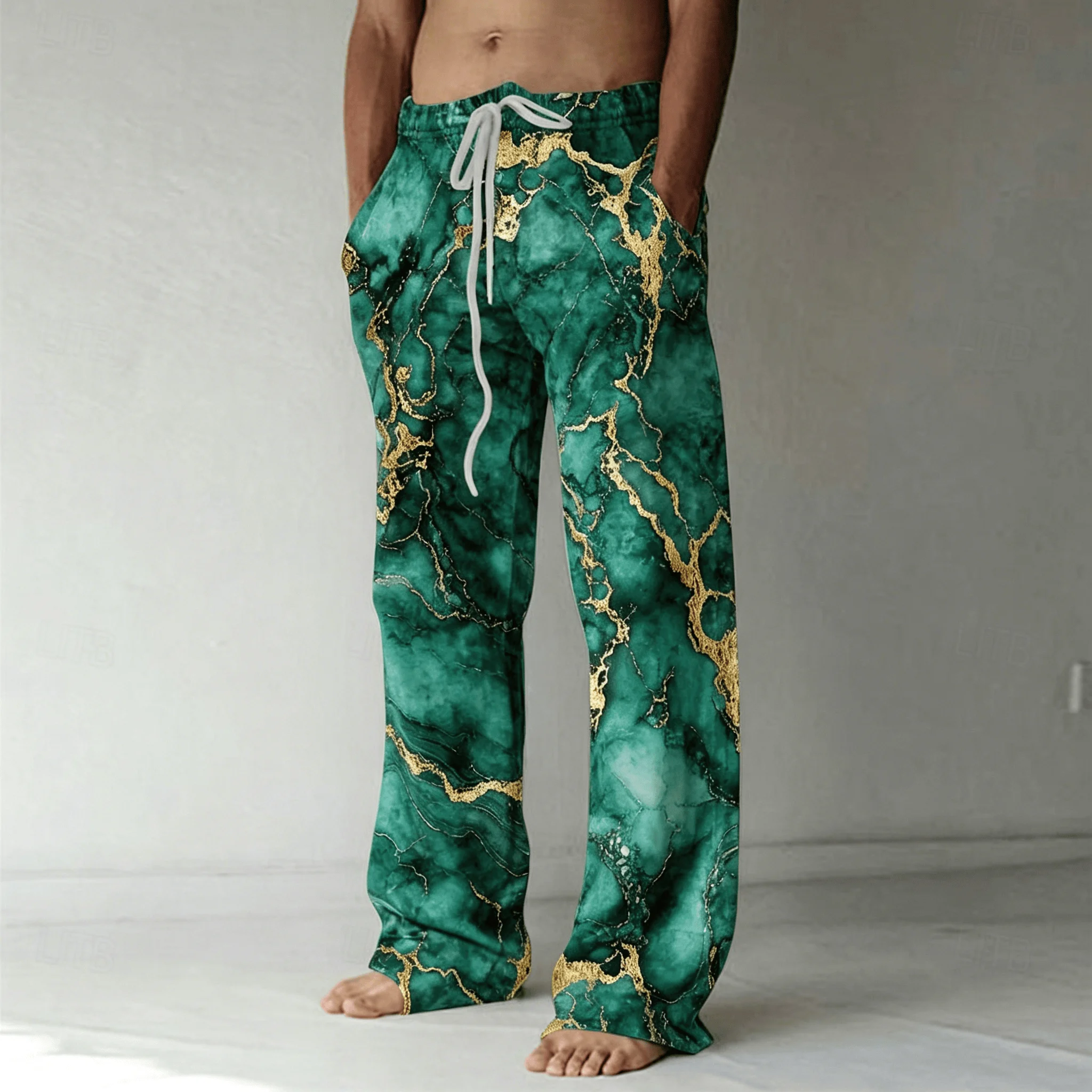 Men's Pink Gold Cherry Blossom Marble Print Drawstring Wide Leg Pants, Elegant Straight Pants for Spring & Summer