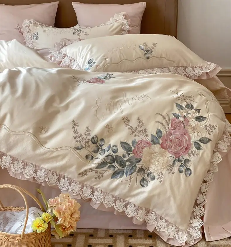 Princess style rose embroidery 100 count pure cotton lace edge four piece set