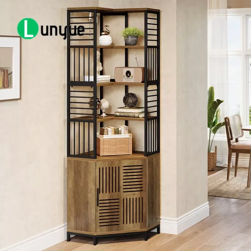 7 Tier Industrial Corner Shelf with Doors Metal Bookshelf Storage Cabinet 77.76 Inch High Corner Unit for Living Room Home