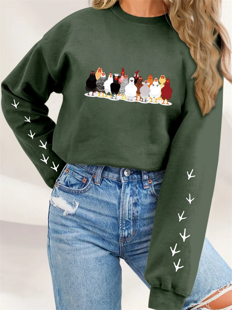 New autumn and winter fashion fun cute round neck thickened warm chicken chicken footprints printed ladies retro pullover hoodie