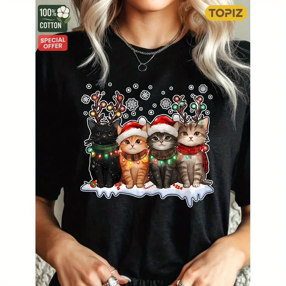 

Women's T-Shirt, Crew Neck Short Sleeve Casual Top, Graphic T-Shirt, Christmas Cats Wearing Santa Hats , 100% Cotton