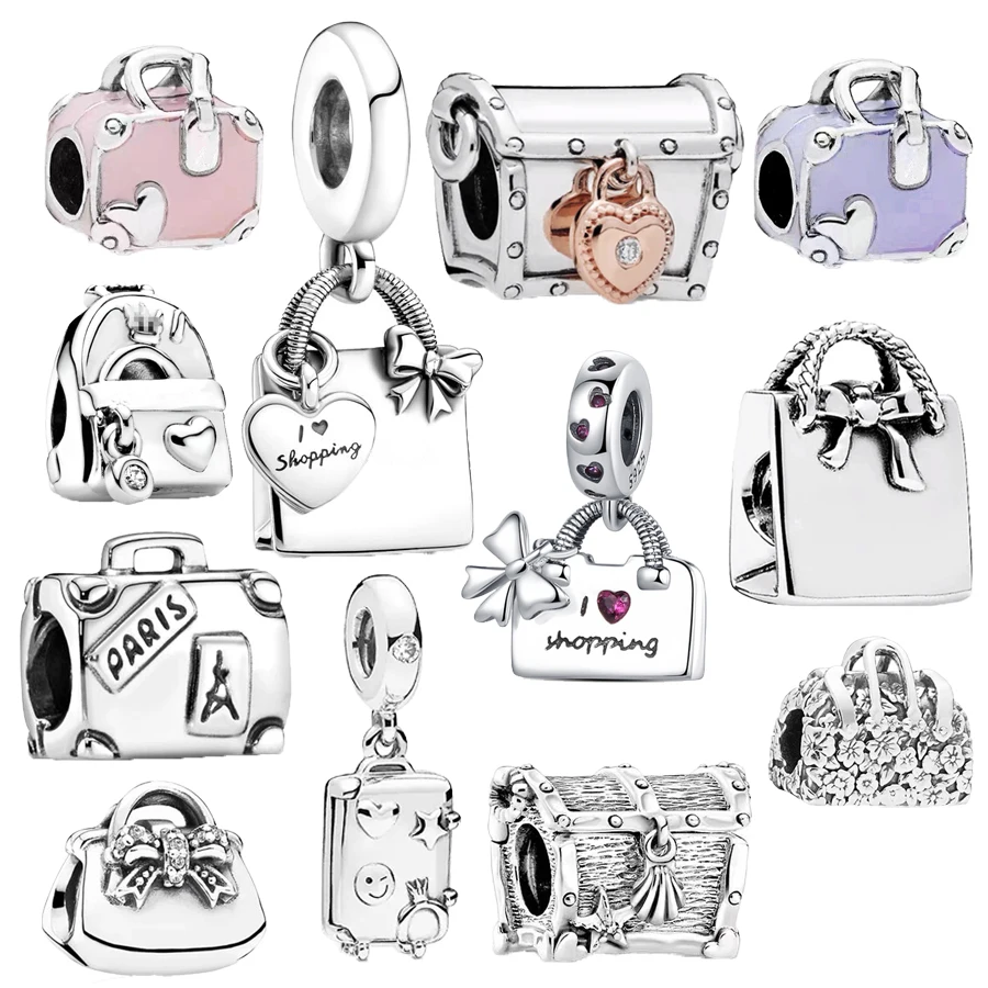 

Hot Sale Adventure Suitcase Shopping Bag Backpack Charm Beads Fit Original 925 Sterling Silver Bracelet DIY Jewelry Gift